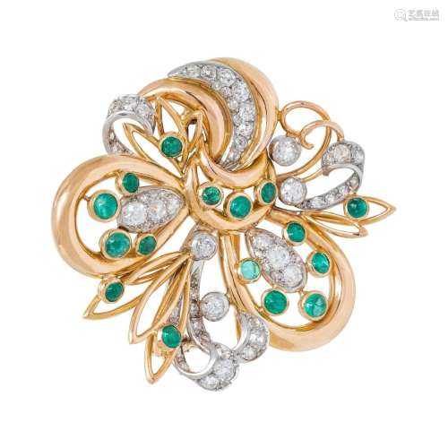 FRENCH, DIAMOND AND EMERALD BROOCH