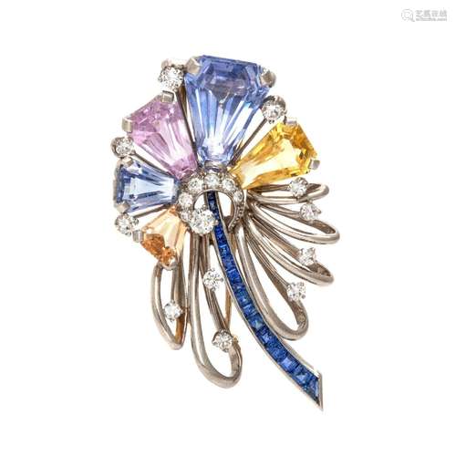 OSCAR HEYMAN, MULTICOLOR SAPPHIRE AND DIAMOND BROOCH