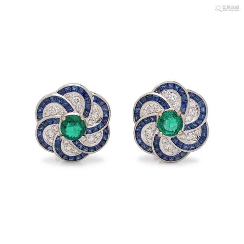 EMERALD, DIAMOND AND SAPPHIRE EARCLIPS