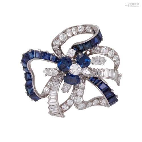 OSCAR HEYMAN, VINTAGE, SAPPHIRE AND DIAMOND BOW BROOCH