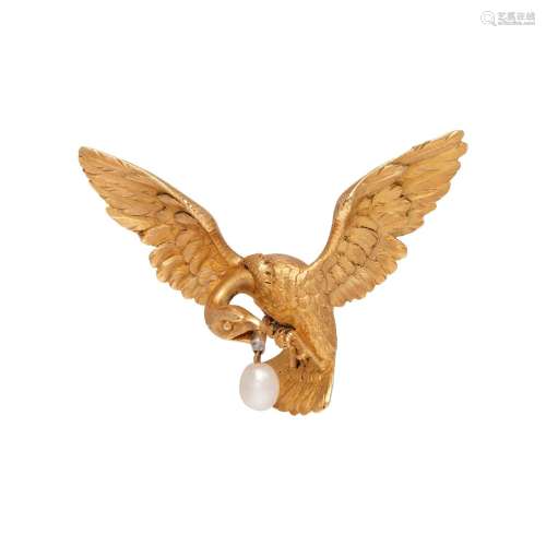 FRENCH, ANTIQUE, YELLOW GOLD AND PEARL VULTURE PENDANT/BROOC...