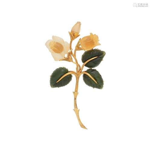 YELLOW GOLD, CITRINE AND NEPHRITE FLOWER BROOCH