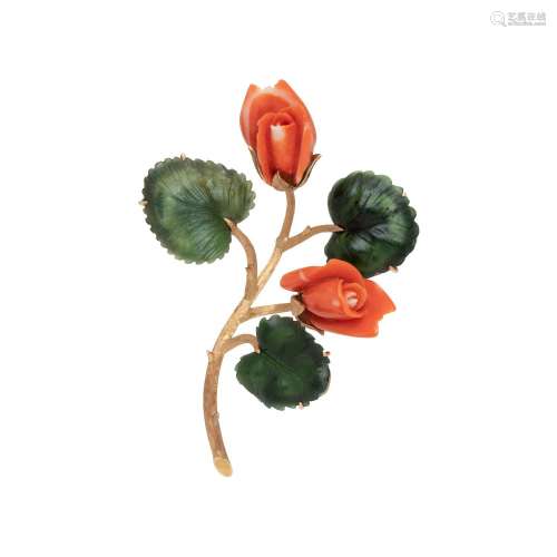 YELLOW GOLD, CORAL AND NEPHRITE FLOWER BROOCH