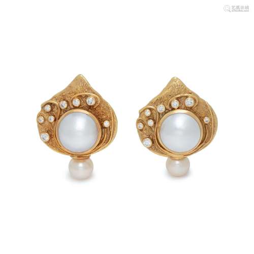 ELIZABETH GAGE, YELLOW GOLD, CULTURED PEARL AND DIAMOND EARC...