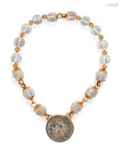 ELIZABETH GAGE, YELLOW GOLD, ROCK CRYSTAL AND COIN NECKLACE
