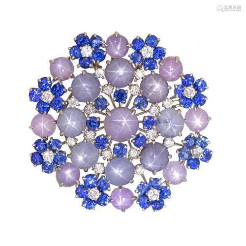 OSCAR HEYMAN, STAR SAPPHIRE, SAPPHIRE AND DIAMOND PENDANT/BR...