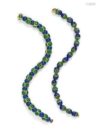 FRENCH, LAPIS LAZULI AND ENAMEL BEAD BRACELET SET