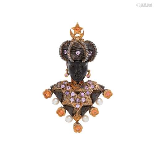 NARDI, YELLOW GOLD AND MULTIGEM BLACKAMOOR BROOCH