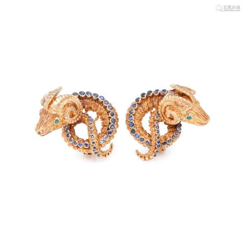 LALAOUNIS, YELLOW GOLD, SAPPHIRE, EMERALD AND DIAMOND EARCLI...