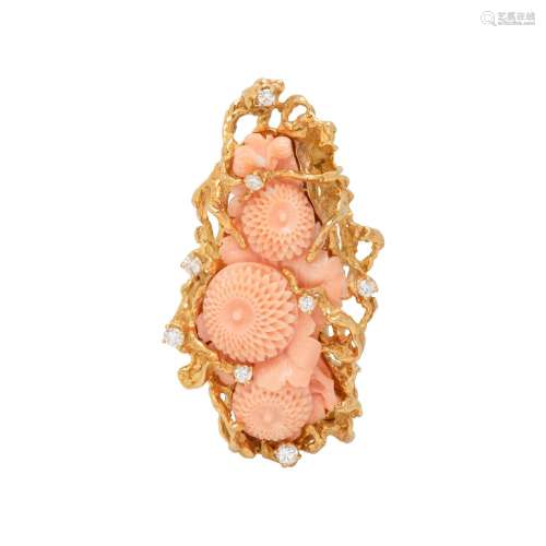 ARTHUR KING, YELLOW GOLD, CORAL AND DIAMOND BROOCH