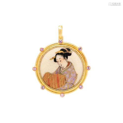 ELIZABETH LOCKE, PORCELAIN BUTTON AND PINK SAPPHIRE `GEISHA`...