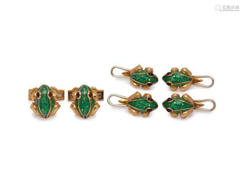 DAVID WEBB, YELLOW GOLD AND ENAMEL FROG DRESS SET