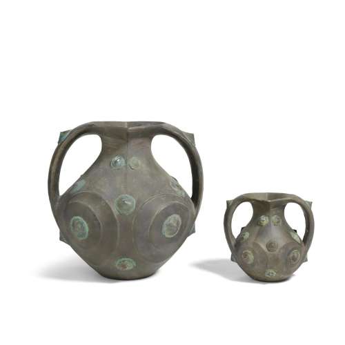 TWO GRAY POTTERY AMPHORA WITH APPLIED METAL BOSSES  Han dyna...