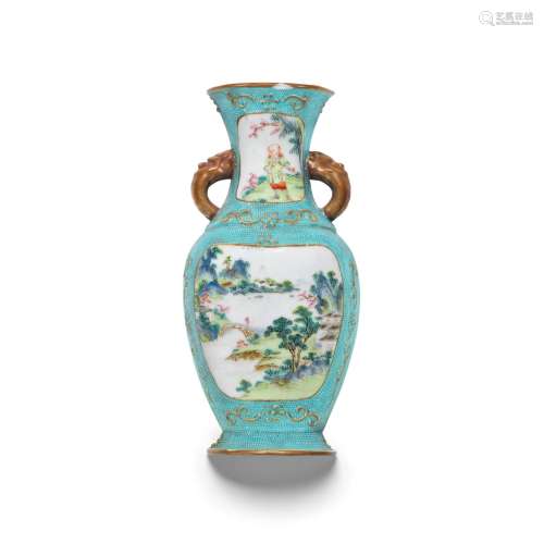 A TURQUOISE-GROUND FAMILLE-ROSE 'LANDSCAPE' WALL VASE Qianlo...