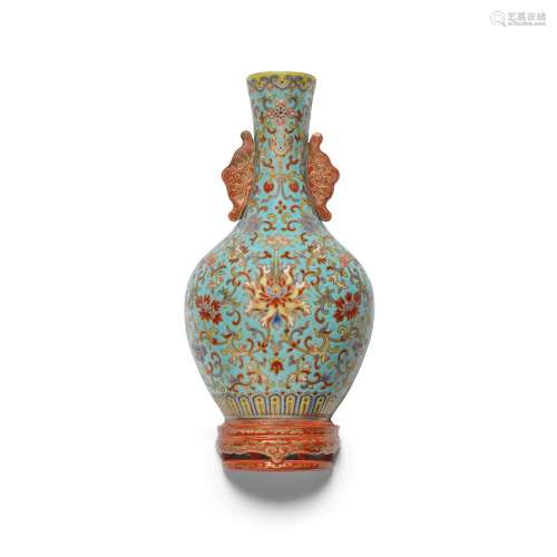 A TURQUOISE-GROUND FAMILLE-ROSE 'FLORAL' WALL VASE Jiaqing m...