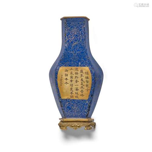 A BLUE CLOISONNÉ 'IMPERIAL POEM' WALL VASE Late Qing dynasty