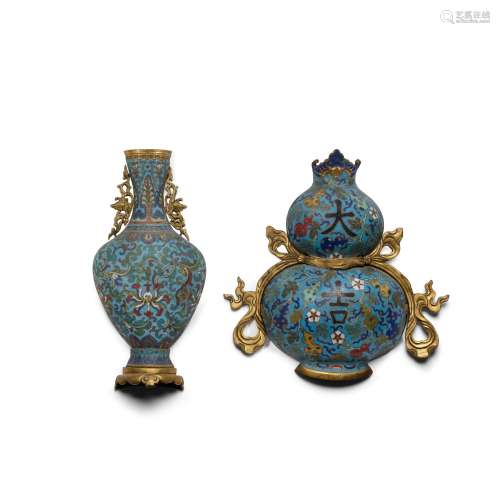 TWO TURQUOISE-GROUND CLOISONNÉ WALL VASES Double-gourd wall ...