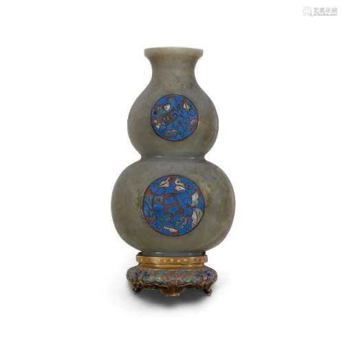 A CLOISONNÉ-INSET GRAY JADE 'DOUBLE GOURD' WALL VASE Late Qi...