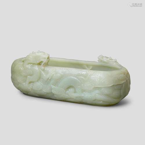 A LARGE CELADON JADE 'DRAGON' WASHER Qianlong seal mark, 20t...