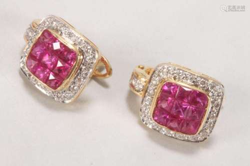 Pair 18ct Gold, Ruby and Diamond Earrings,