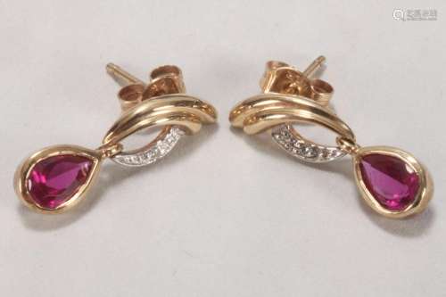 Pair of 9ct Gold, Ruby and Diamond Earrings,