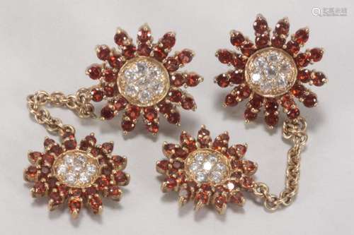 Pair of Gold, Clear and Red Stone Earrings,