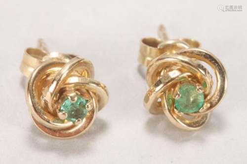Pair of 9ct Gold and Emerald Earrings,