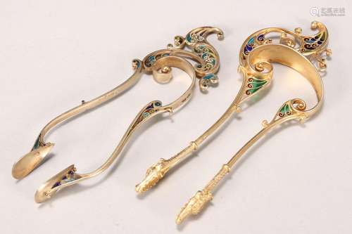 Two Gilt Plique-à-jour Sugar Tongs,