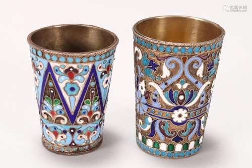 Two Russian Silver and Enamel Vodka Cups,