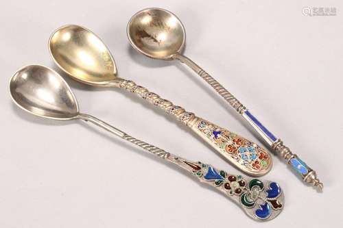 Three Russian Silver and Enamel Tea Spoons,