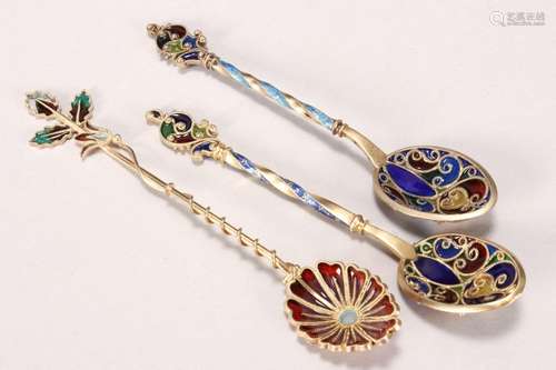 Three Gilt Silver Plique a Jour Tea Spoons,