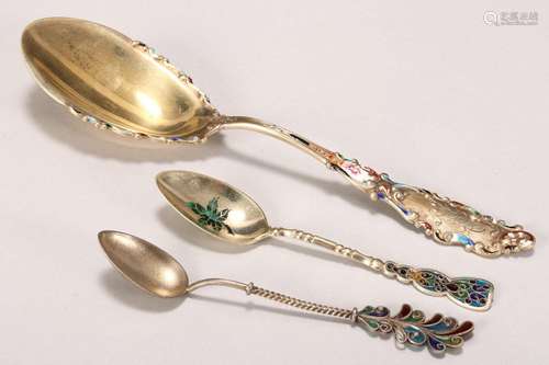 Three Sterling Silver and Enamel Spoons,