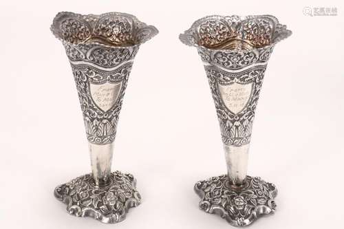 Pair of Indian Colonial Silver Trumpet Vases,