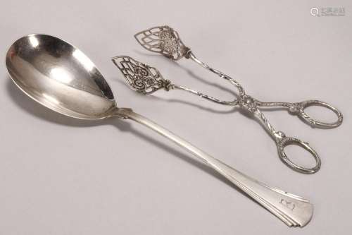 800 Silver Serving Spoon and Sugar Tongs,