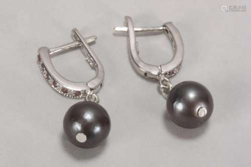 Pair of Sterling Silver and Black Pearl Earrings,