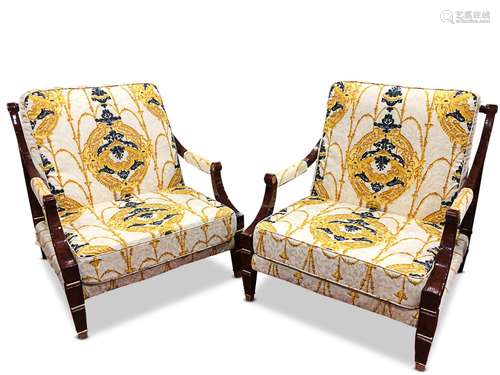 Large French Walnut Finished Gilt Armchairs,