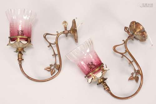 Pair of Welsbach Brass and Ruby Glass Sconces,