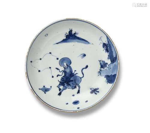 A RARE CHINESE BLUE AND WHITE PORCELAIN CIRCULAR ‘LAOZI AND ...