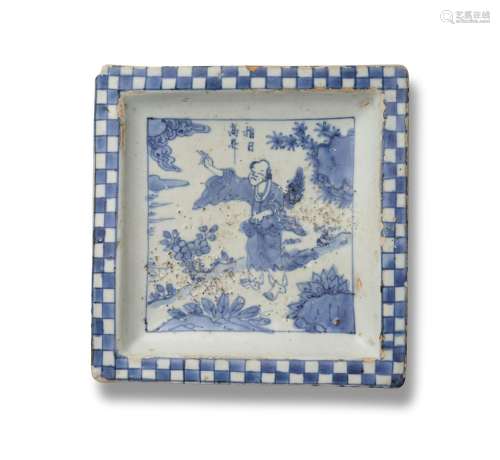 A CHINESE BLUE AND WHITE PORCELAIN SQUARE ‘IMMORTAL’ DISH, T...