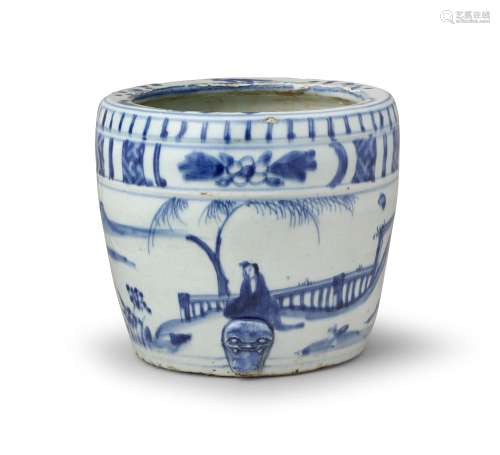 A CHINESE BLUE AND WHITE ‘KRAAK’ STYLE CYLINDRICAL WATER CON...