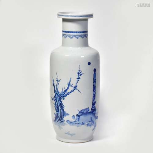 A CHINESE BLUE AND WHITE PORCELAIN ROULEAU VASE, QING DYNAST...