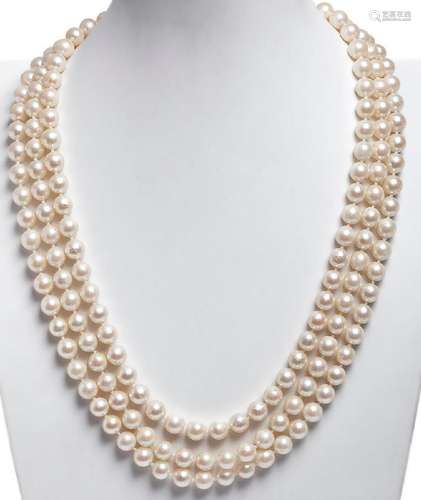 Necklace with three strands of 8 mm cultured pearls. in diam...