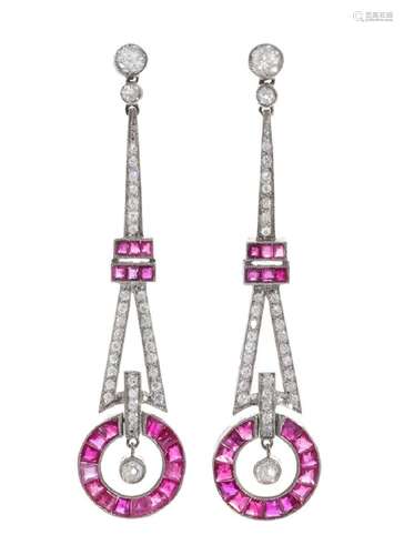 Pair of long earrings with movement in platinum, rubies and ...