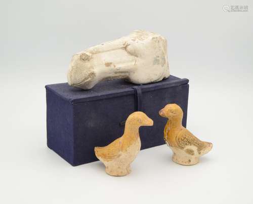 TWO CHINESE POTTERY STRAW-GLAZED MODELS OF DUCKS, TANG DYNAS...