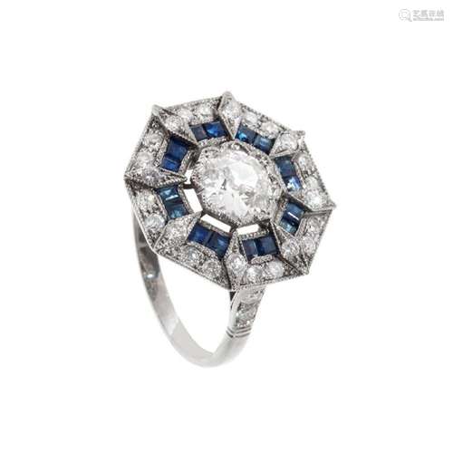 Art Deco style ring in platinum, diamonds and sapphires. Oct...