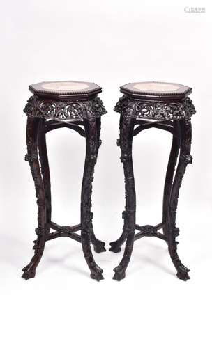 λ A PAIR OF CHINESE MARBLE INSET CARVED ROSEWOOD JARDINIERE ...