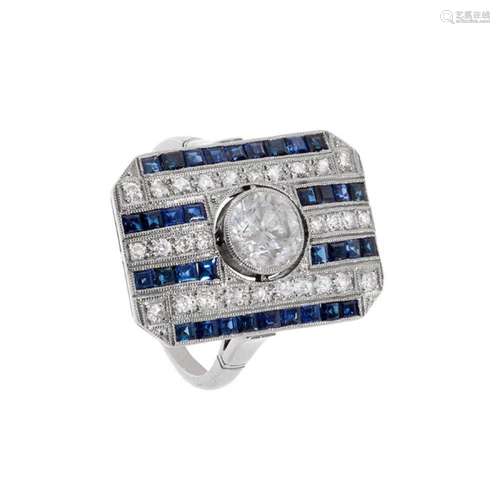 Ring in platinum, diamonds and sapphires. Art deco style, wi...