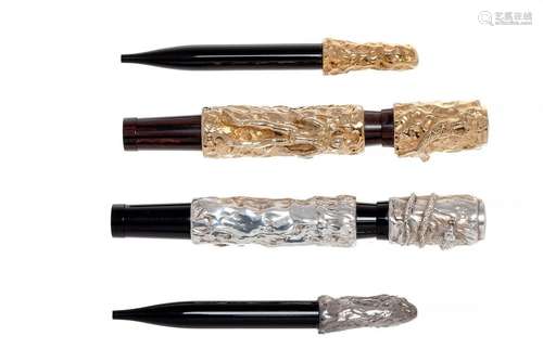 FOUNTAIN PENS WITH HIDDEN SYSTEM. Resin bodies, silver and g...