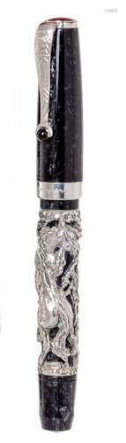 MONTEGRAPPA “ZODIAC” FOUNTAIN PEN. Black resin body with sil...