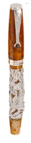 MONTEGRAPPA “ZODIAC” FOUNTAIN PEN. Brown resin body with sil...